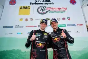 Sim racing star Chris Lulham with Max Verstappen on podium