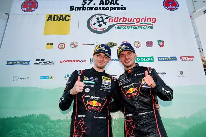 Sim racing star Chris Lulham with Max Verstappen on podium